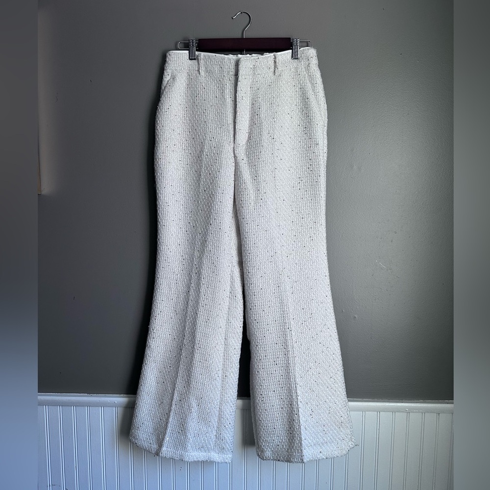 Wide Leg High Rise Dress Pants Size Large Cream Gold Sequins Trouser Pants